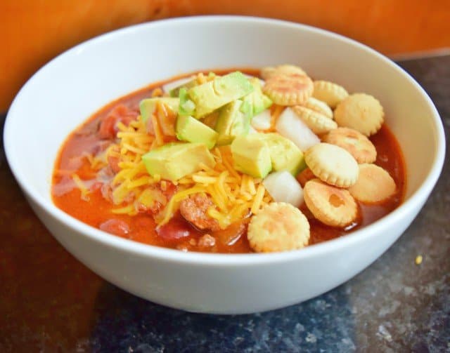 Image shows a closeup of a bowl of Crockpot beef chili.