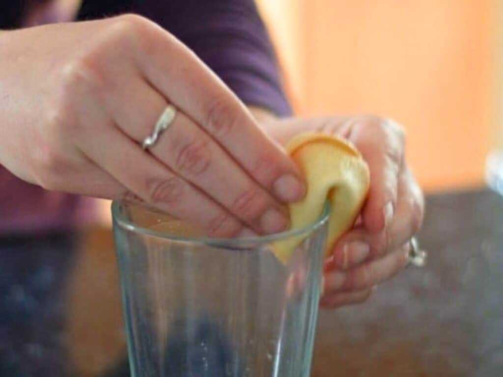 A person places a lemon wedge into a clear glass, with both hands visible and wearing rings.