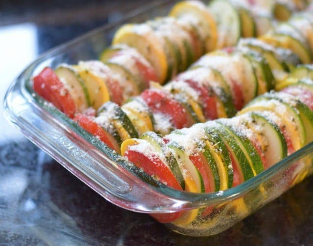 Italian ratatouille in a glass casserole dish.