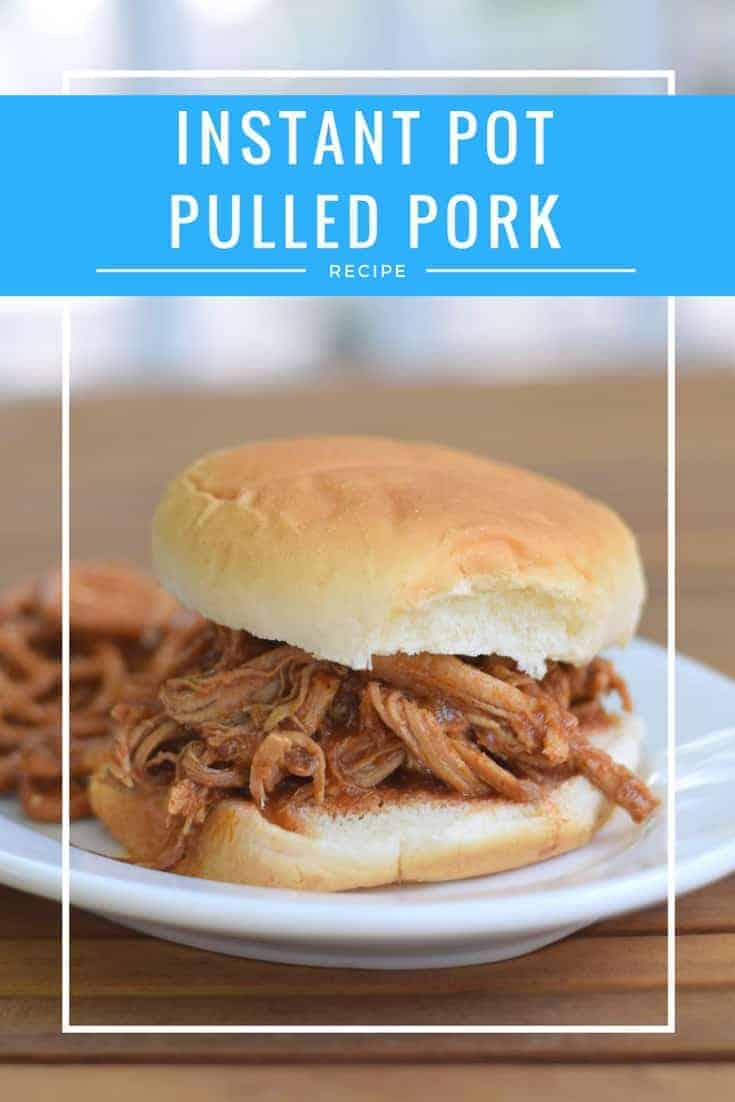 Delicious weeknight Instant Pot Pulled Pork recipe. This naturally gluten free dinner is free of major allergens and perfect for a potluck. Serve on a sandwich or over nachos or even on a baked potato for a fun twist on a classic.