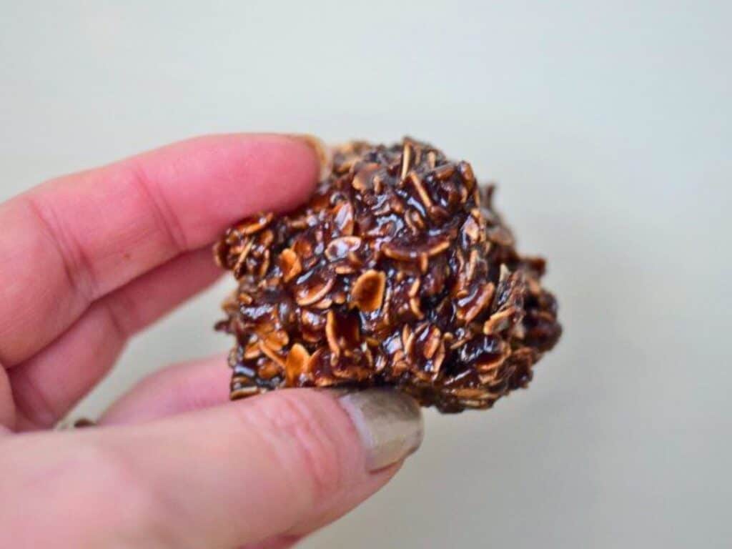 A hand holds a Nutella no bake cookie—chocolatey oatmeal goodness—against a plain background.