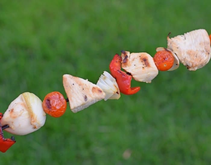 Image shows a skewer of lemon marinated chicken held diagonally with green grass in the background.