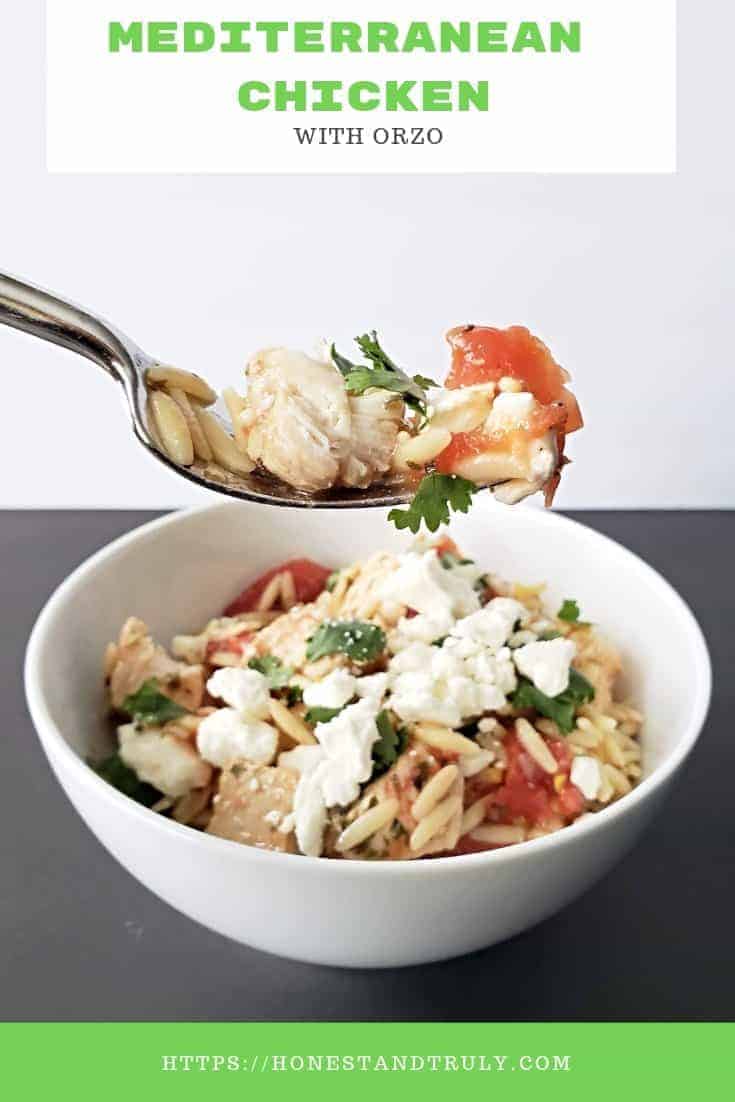 Easy Mediterranean chicken with orzo recipe: This is a perfect weeknight dinner that comes together in under 30 minutes. It has fantastic flavors, but it's still a kid friendly meal. This is easy and delicious for a pot luck or to enjoy at home. The orzo works perfectly with the chicken breast. #Mediterranean #easyrecipes #chicken #pasta