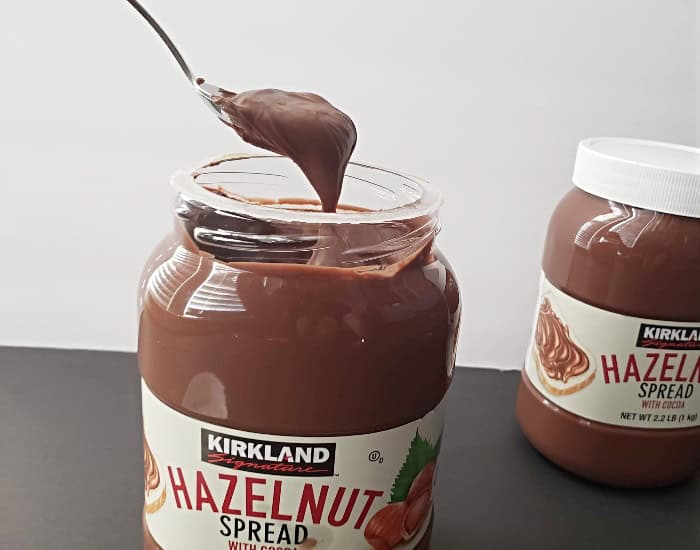 Spoon of Costco hazelnut spread