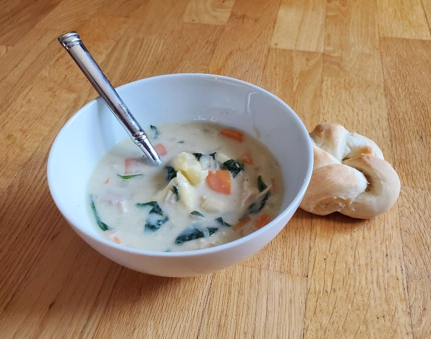 head on bowl of chicken soup with a roll