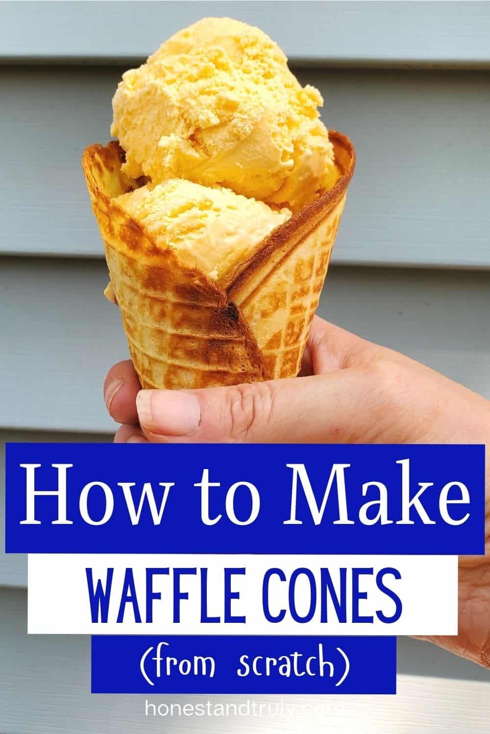 Vanilla ice cream in a waffle cone saying how to make waffle cones.