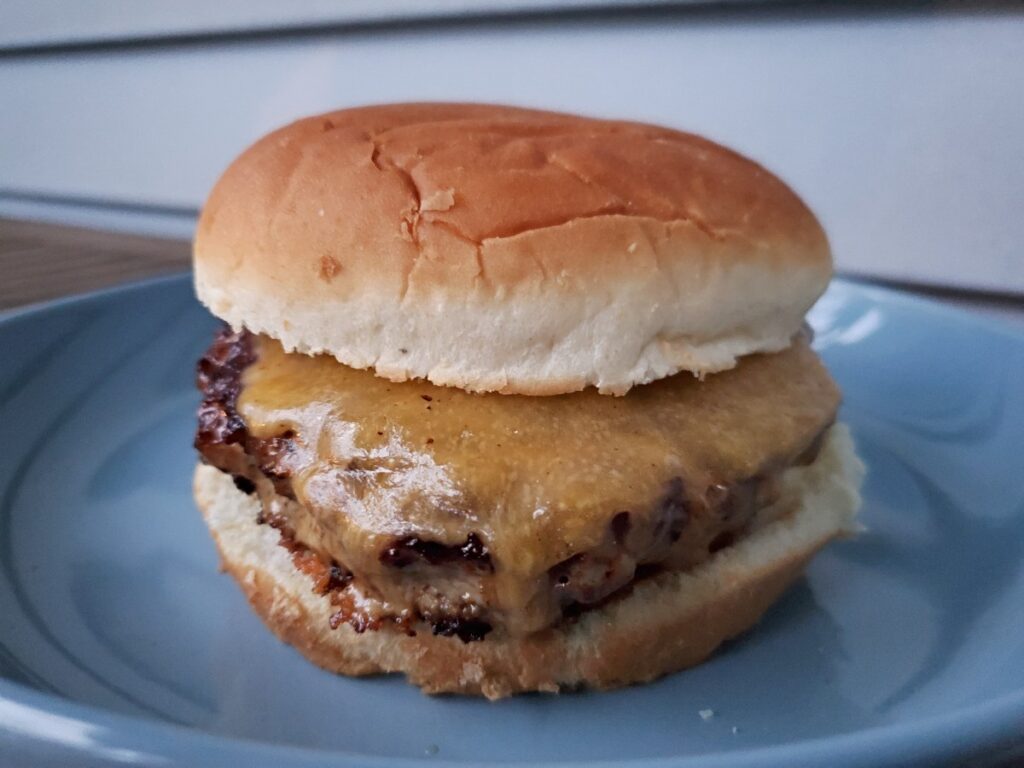 Perfect Asian Turkey burger on a blue plate.