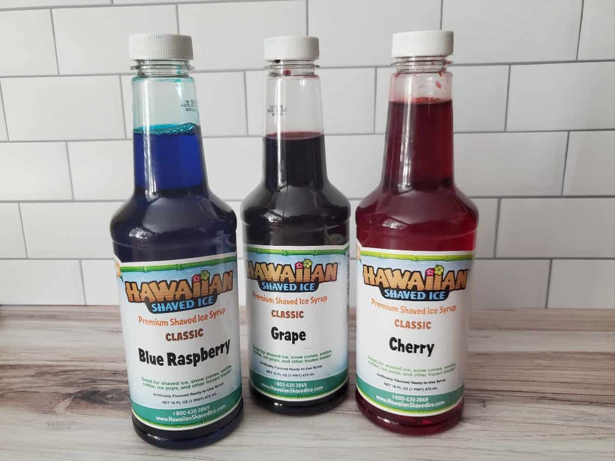 Hawaiian shaved ice syrup pint bottles.
