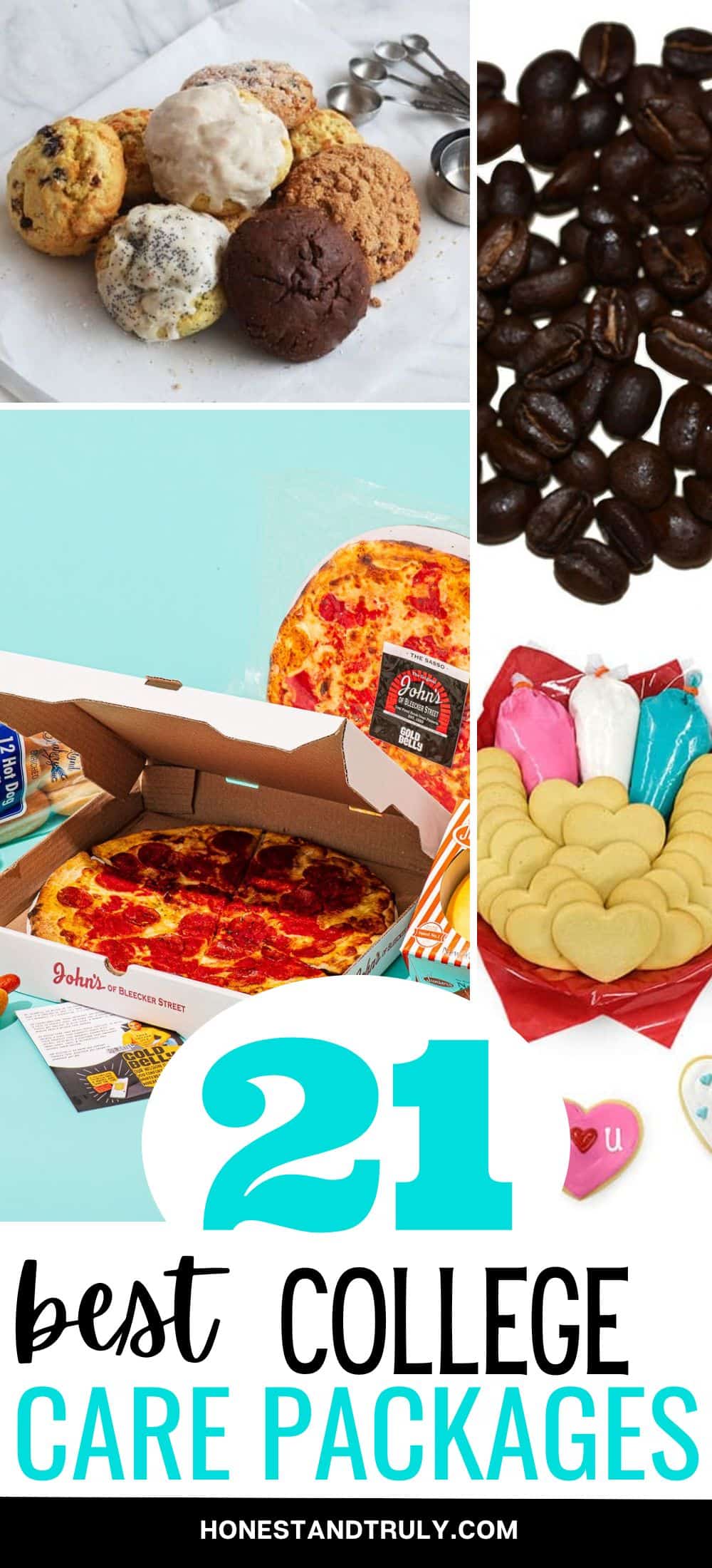 Collage of four images showing different gifts with text 21 best college care packages.