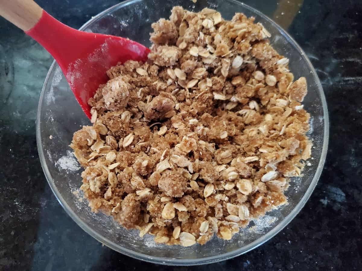Streusel topping in a small clear bowl.