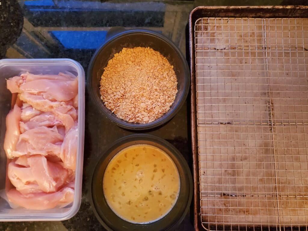 Chicken finger setup with stations.