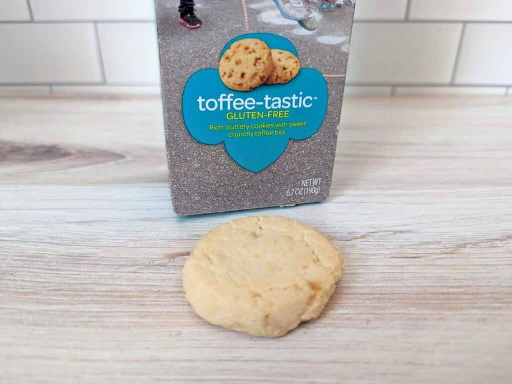 Image shows Girl Scouts toffee-tastic cookie sitting outside of its box.
