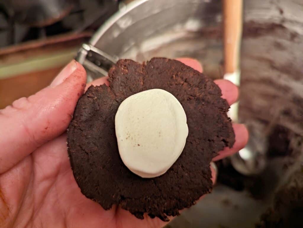 Marshmallow sitting in a circle of cookie dough held by a hand over a bowl of cookie dough.