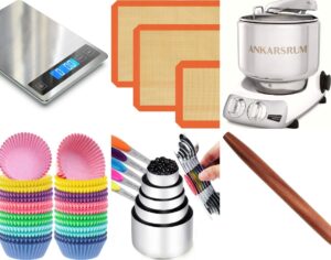Image shows a collage of six different baking tools.