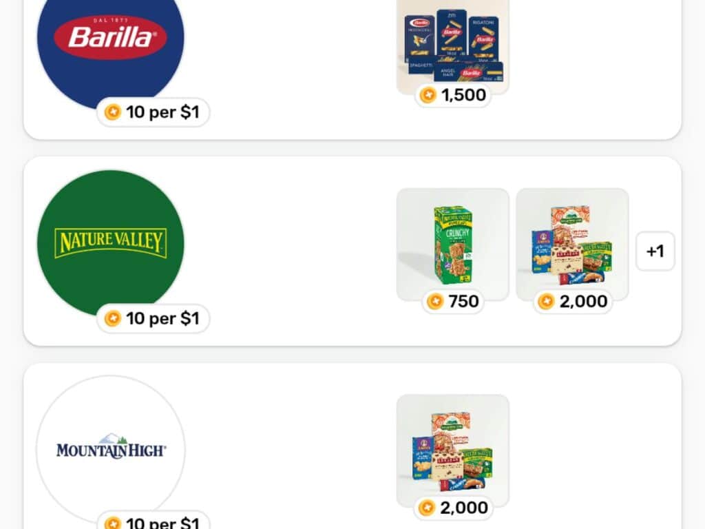 Image shows a screenshot of bonus offers for Barilla and Nature Valley in the Fetch app.