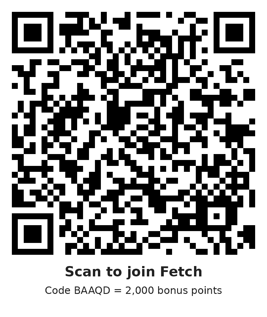 QR code to download the Fetch app with referral code BAAQD