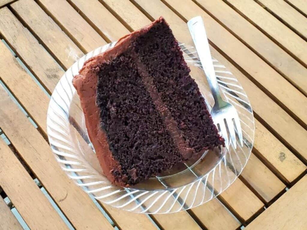 Image shows a slice of moist chocolate cake served on a plate with a fork.