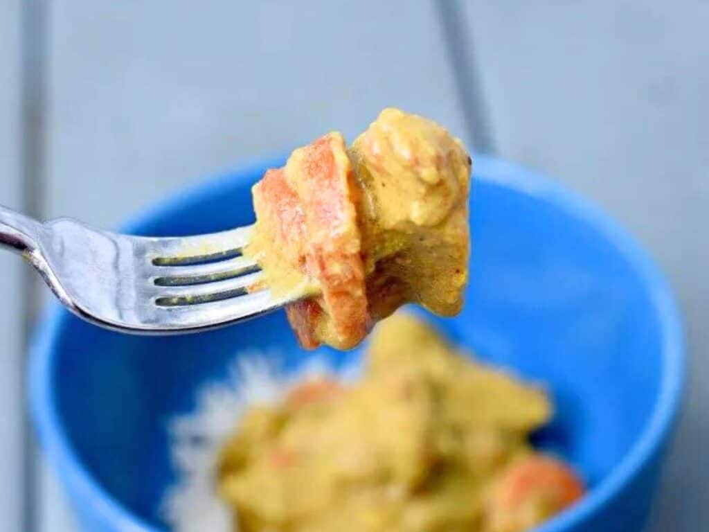 Image shows a small portion of instant pot chicken curry on a fork.