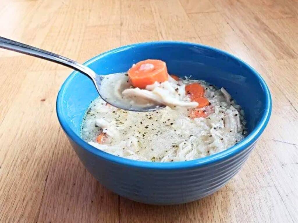 Image shows a spoonful of chicken and rice soup.