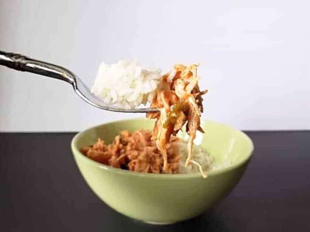 Image shows bite of tomato lime chicken.