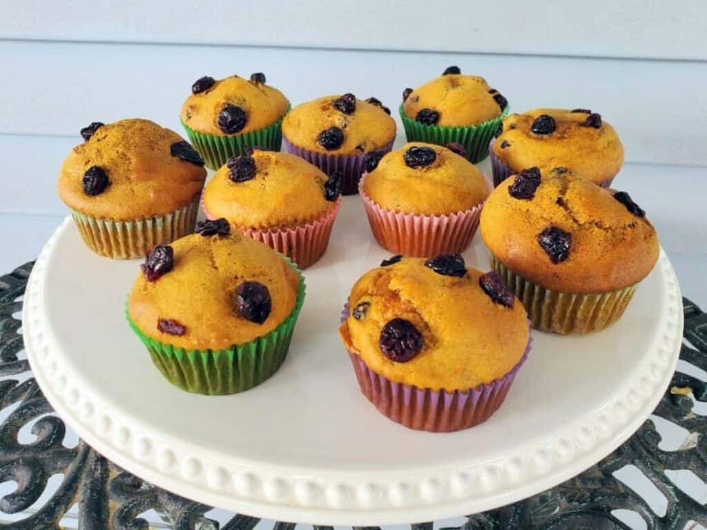 Image shows cranberry pumpkin muffin recipe.