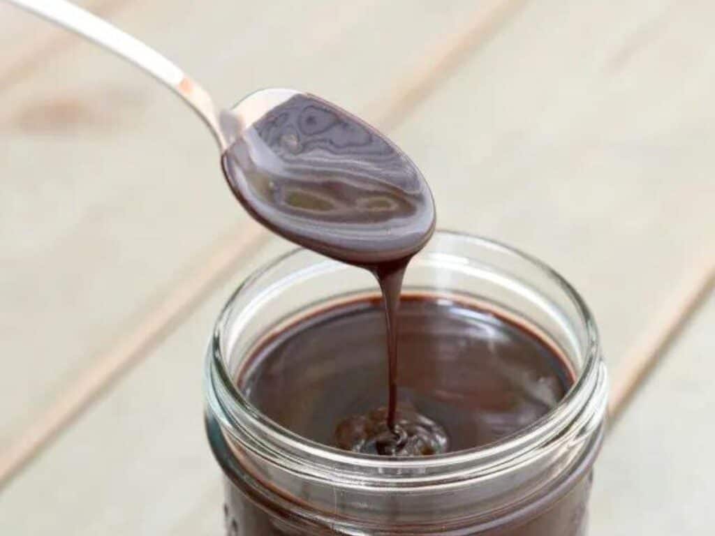 Image shows delicious and easy to make espresso hot fudge sauce.