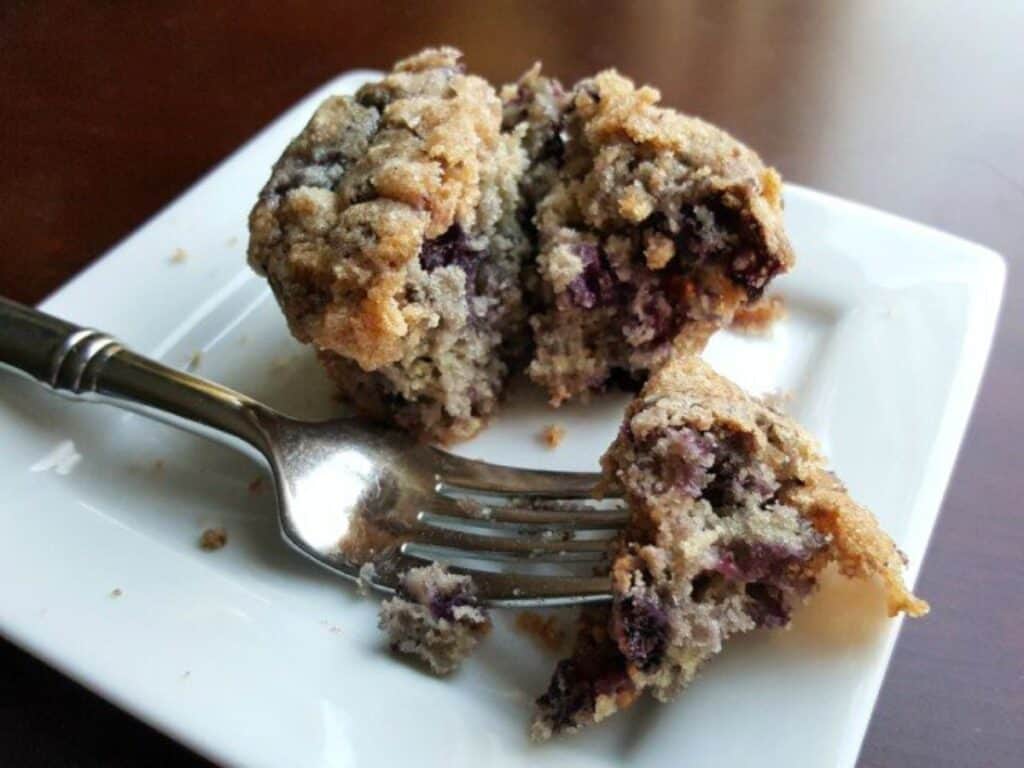 Image shows delicious blueberry coffee cake on a plate.