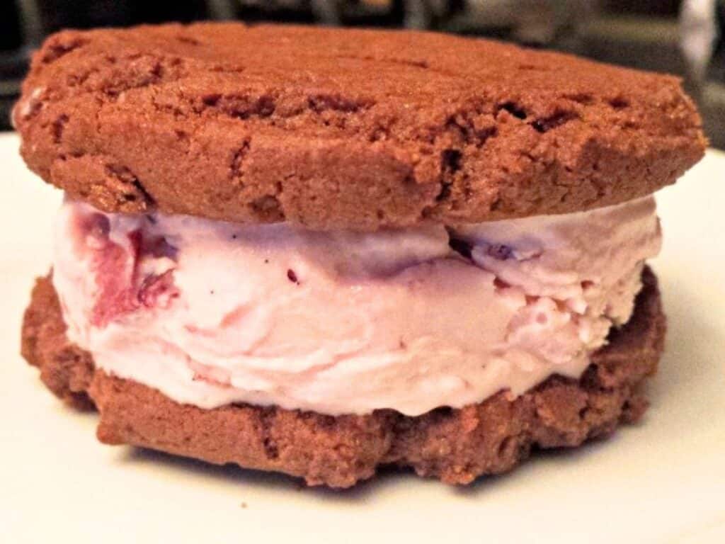 Image shows easy to make chocolate cherry ice cream sandwich.