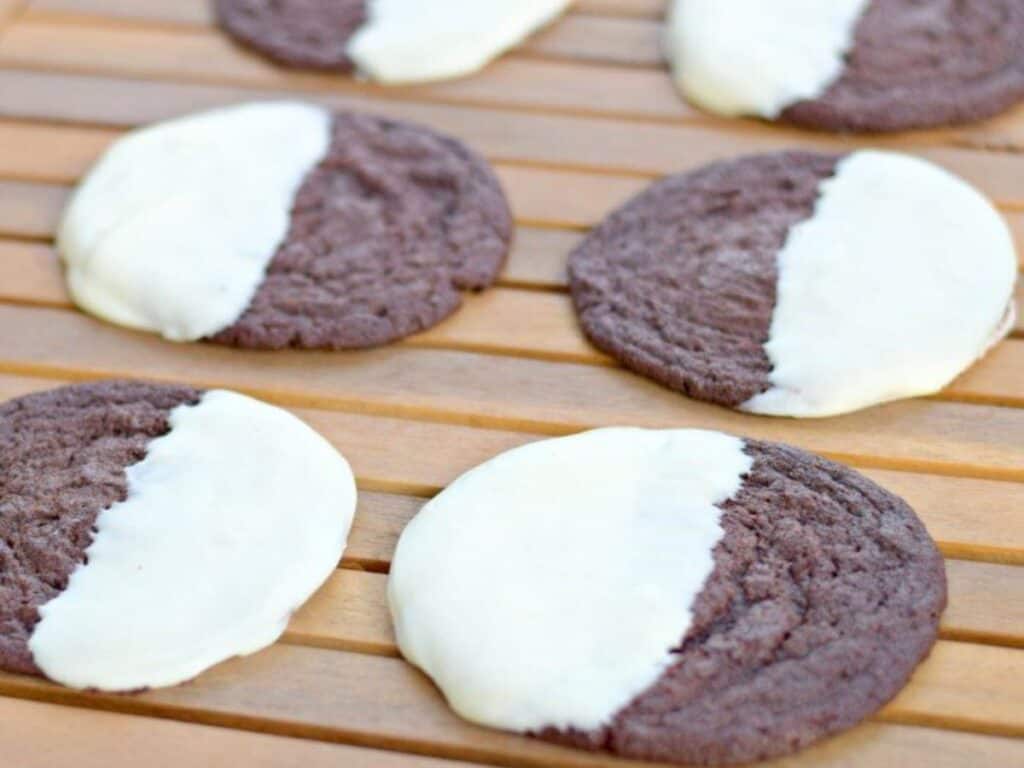 Image shows easy to make triple chocolate dipped cookies.
