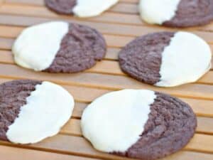 Image shows easy to make triple chocolate dipped cookies.