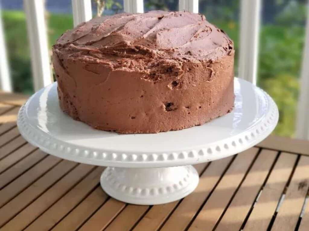 Image shows easy to make ultra moist chocolate cake.