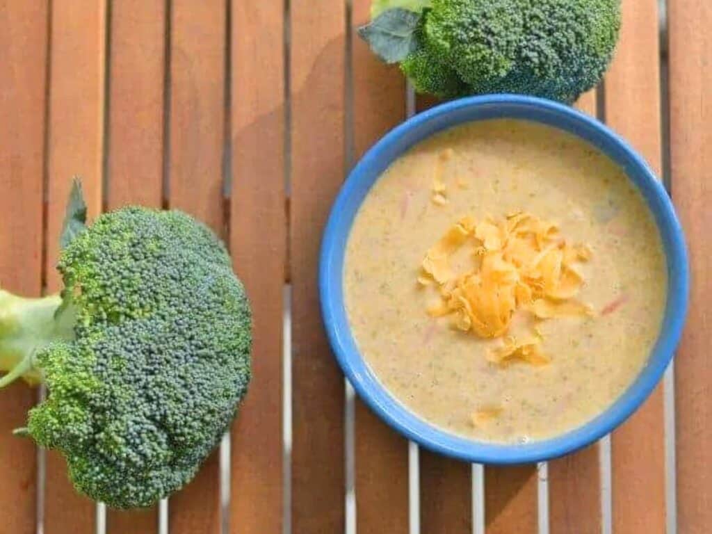 Image shows instant pot broccoli and cheddar soup in a bowl.