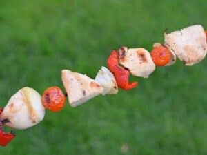 Image shows lemon marinated chicken kebabs skewered.