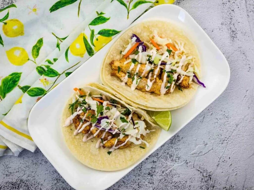 Image shows easy to make baja fish tacos.