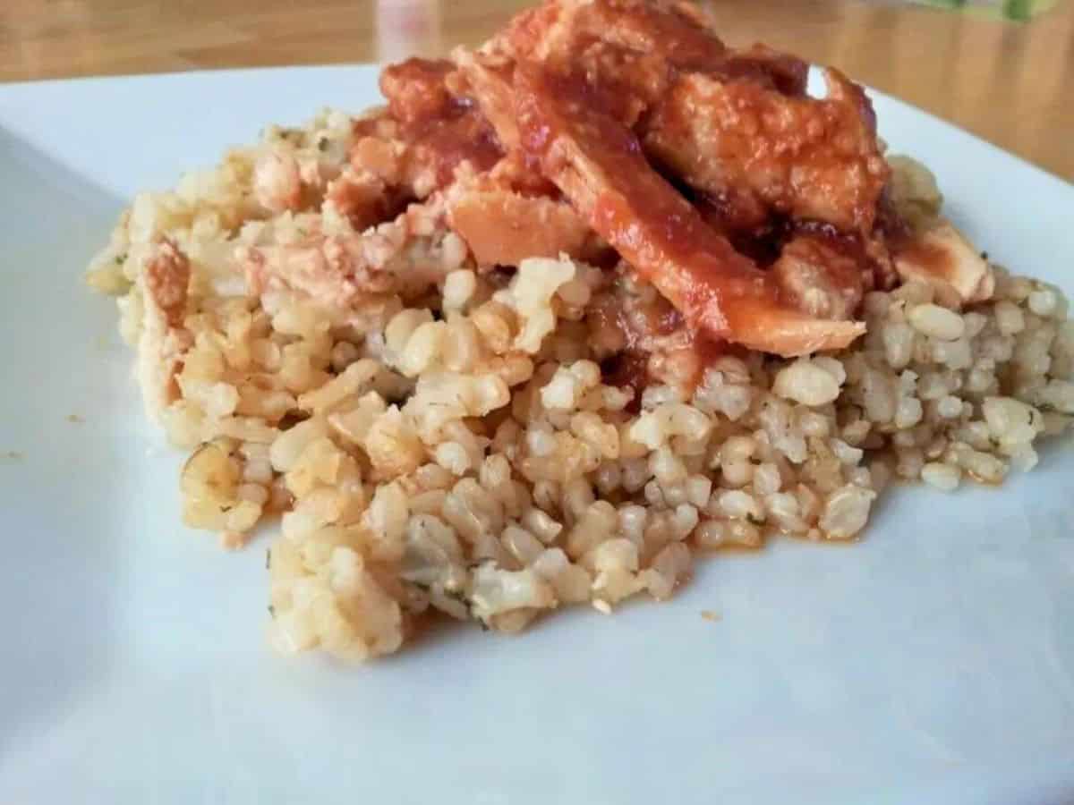 Plate of rice topped with shredded chicken in red sauce.