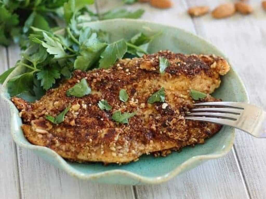 Image shows irresistible dijon almond crusted tilapia.