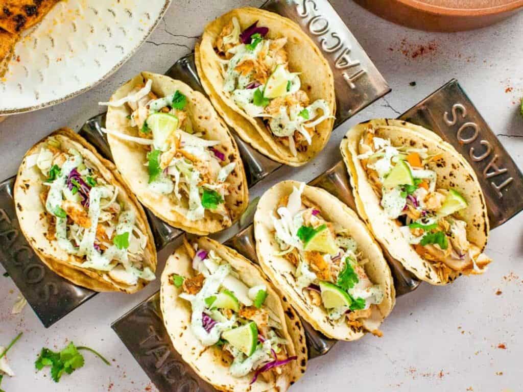 Image shows yummy blackened fish tacos.