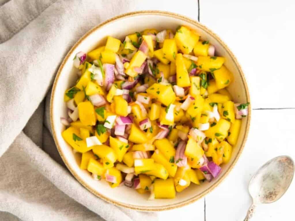 Image shows yummy mango habanero salsa.