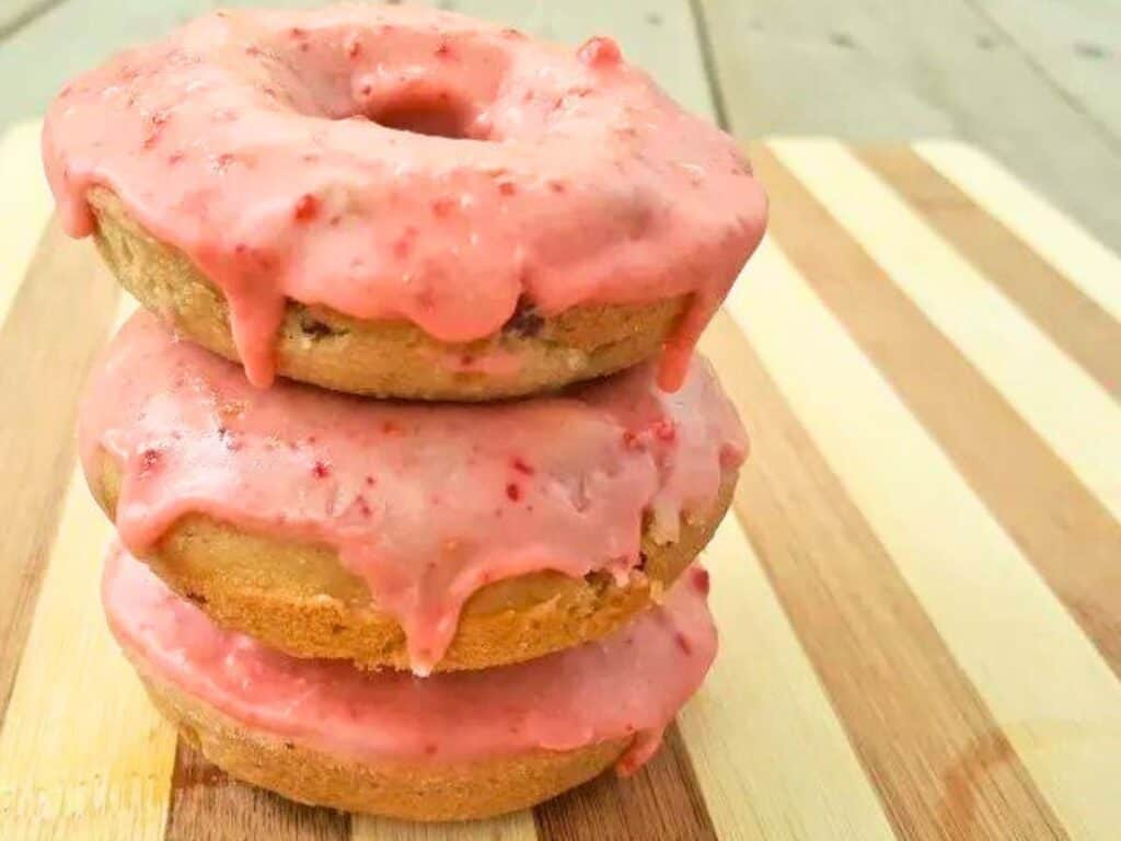 Image shows yummy strawberry donuts.