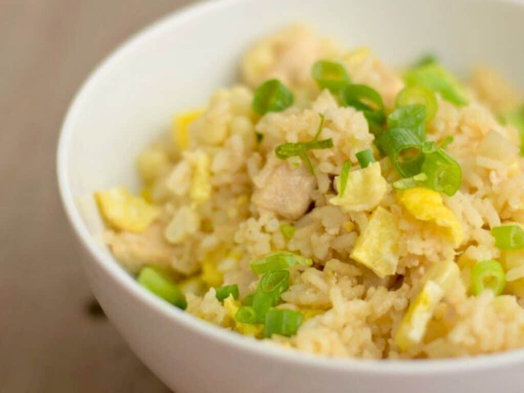 Image shows 30 minute delicious chicken fried rice dinner.