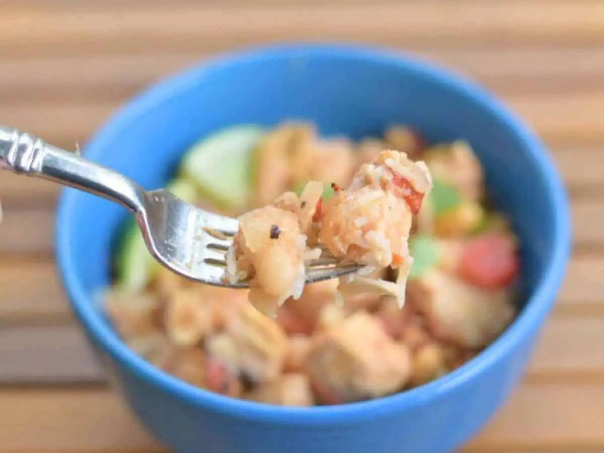 Image shows an overhead shot of a bowl of Thai Chicken Chili.