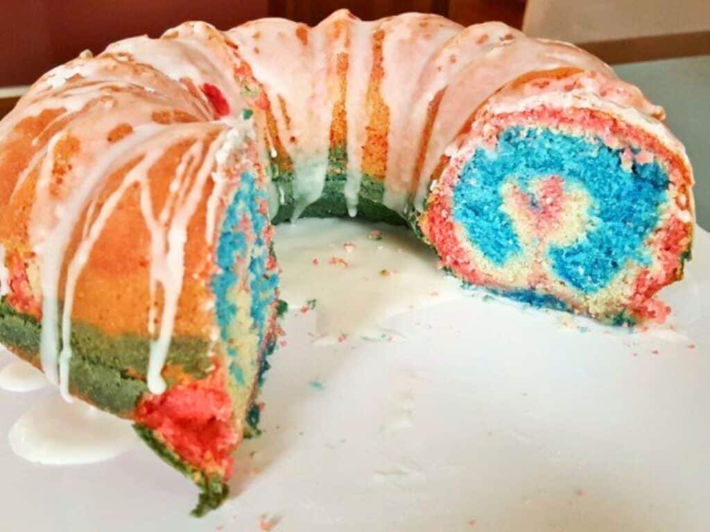 Image shows easy to make red, white, and blue bundt cake.