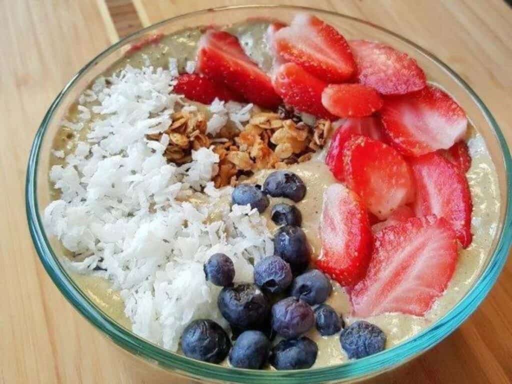 Image shows irresistible red white and blue smoothie bowl.