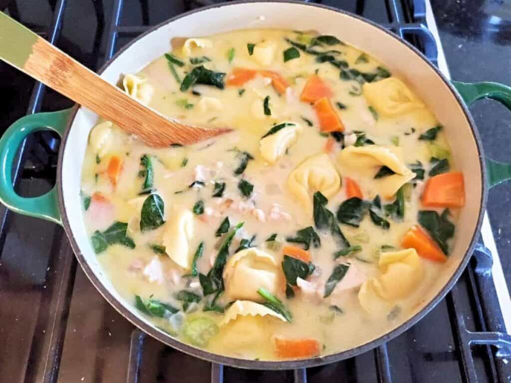 Image shows pot full of yummy chicken tortellini soup.