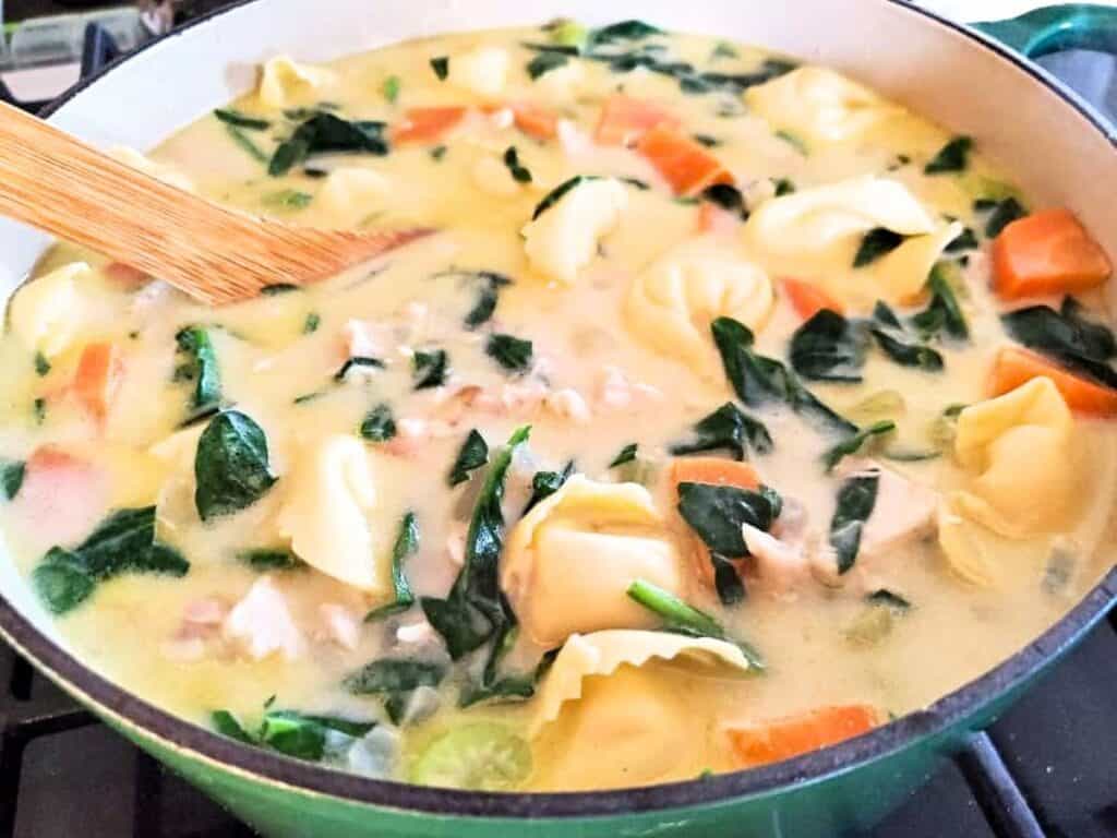 Image shows yummy chicken tortellini soup in a pot.