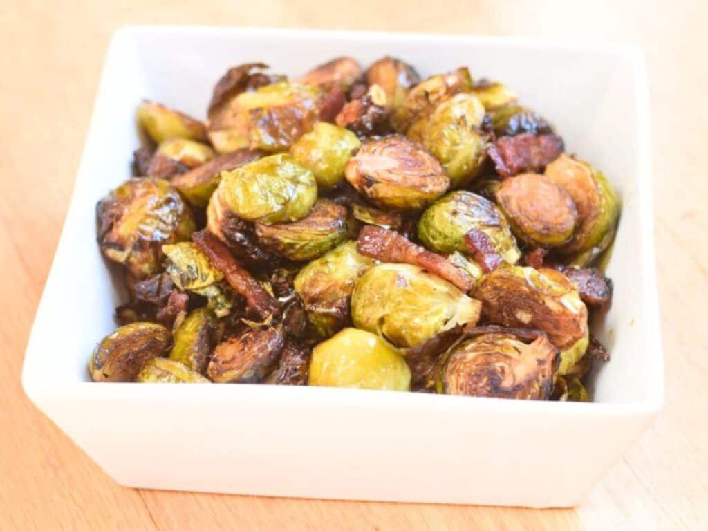 Image shows bacon roasted brussels sprouts recipe.