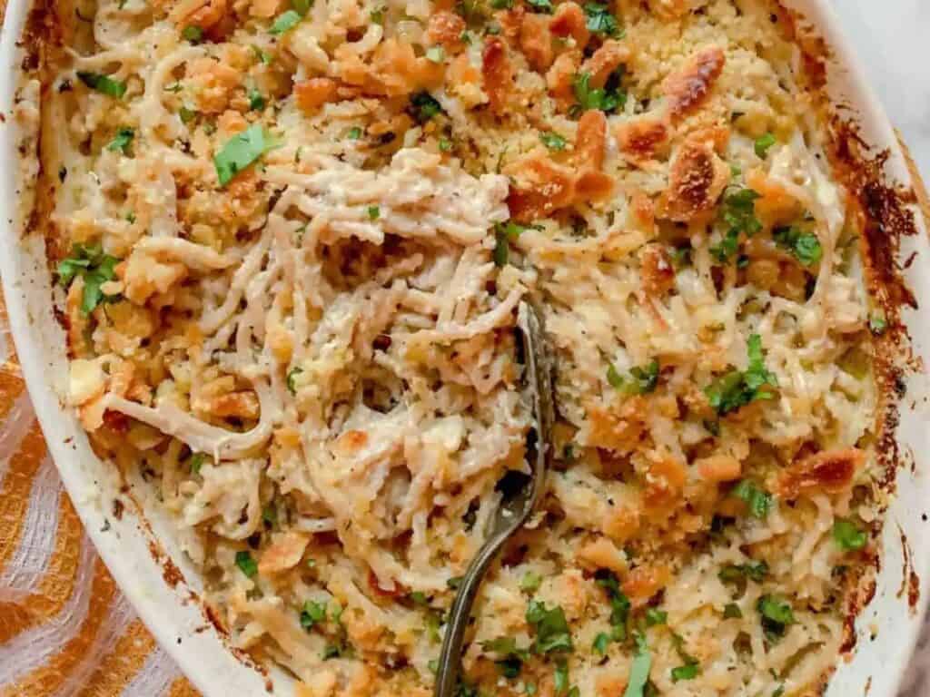 Image shows delicious turkey and noodles tetrazzini.