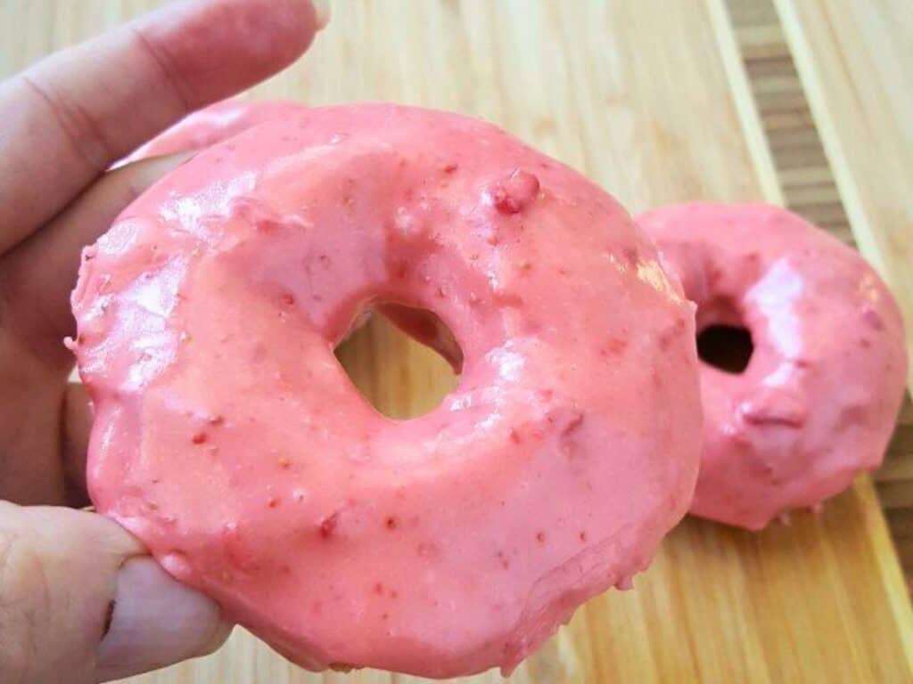 Image shows easy and homemade strawberry donut recipe.