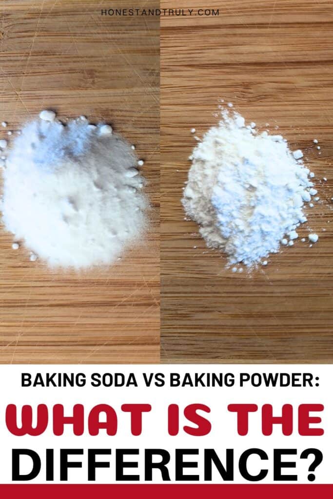 Baking soda and powder side by side with text baking soda vs baking powder: what is the difference?