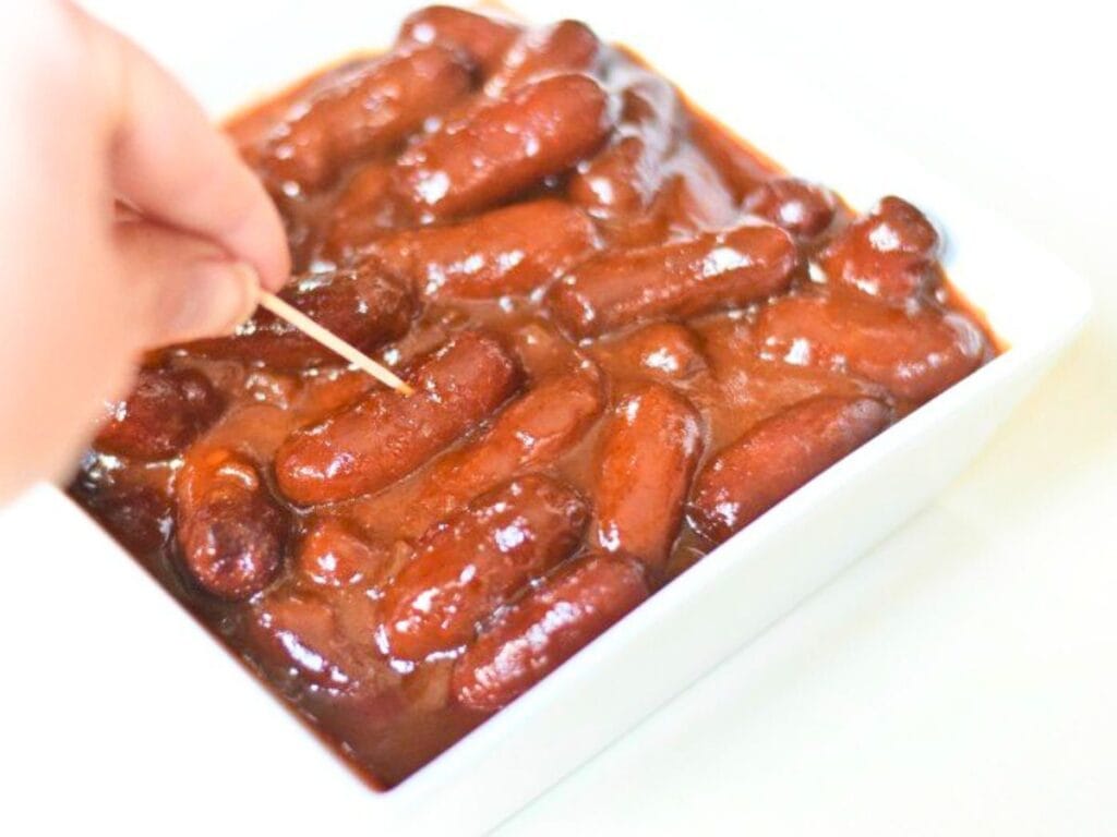 Image shows dig into delicious bbq bourbon little smokies.